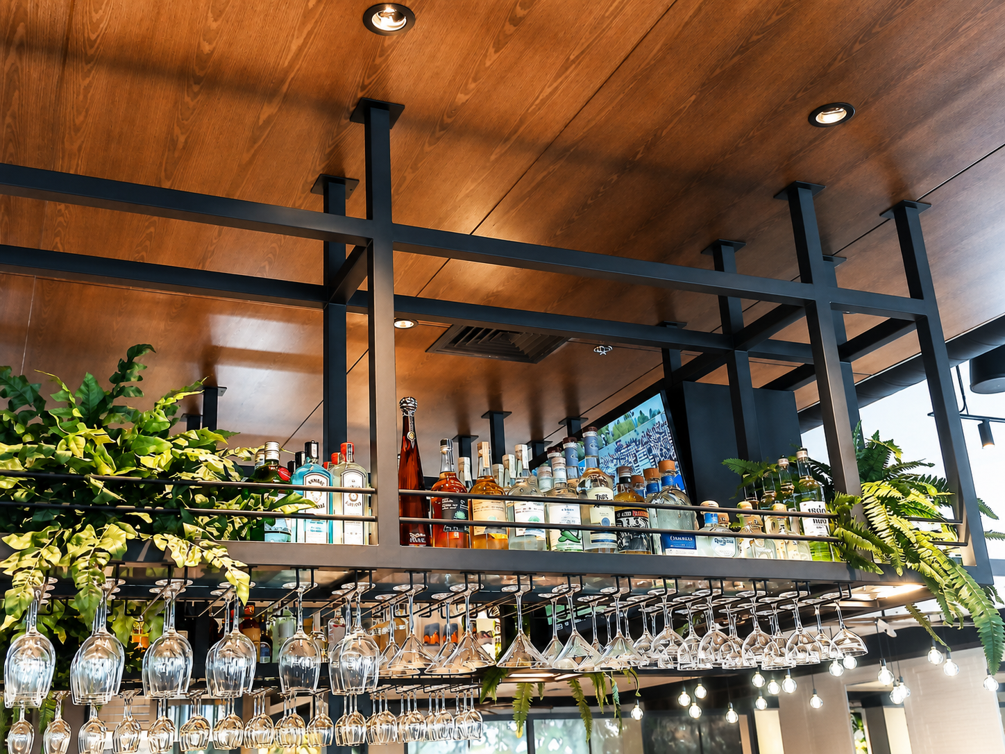 Custom suspended and hanging metal bar frame