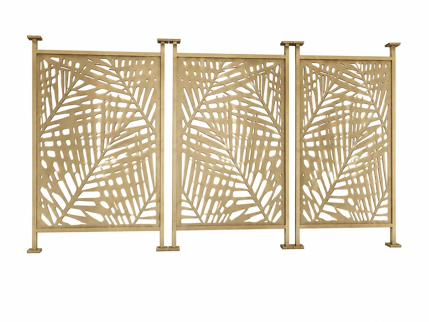 Decorative metal screen panels with a leaf pattern in gold finish