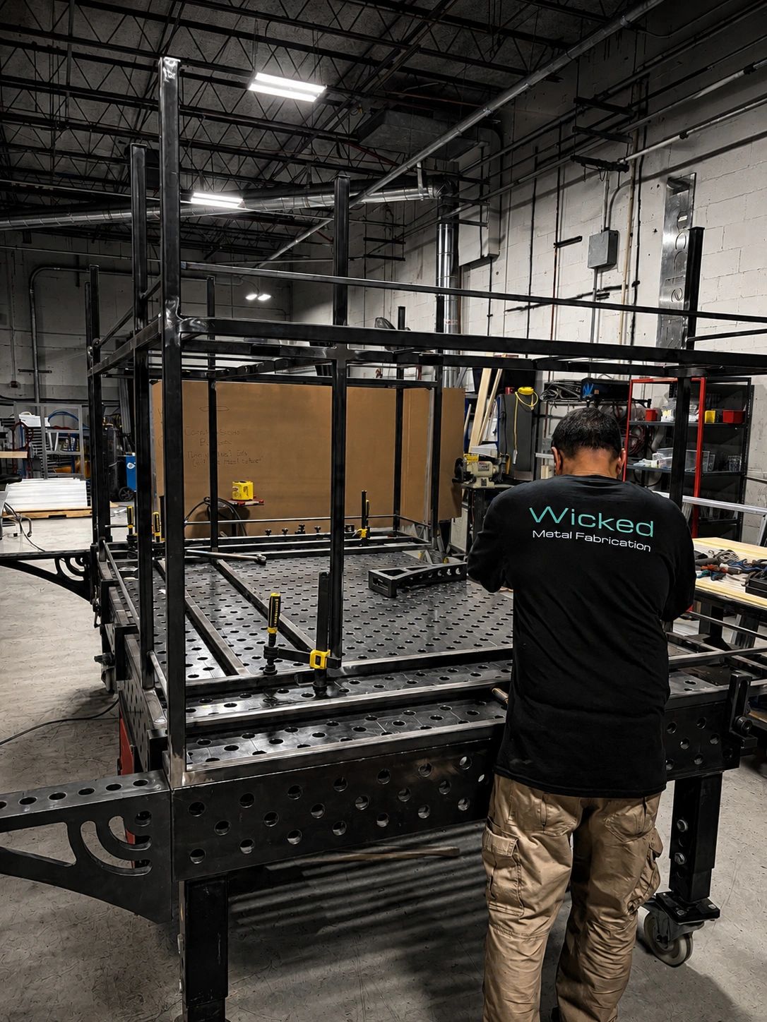 Employee assembling a metal suspended bar frame in a fabrication shop